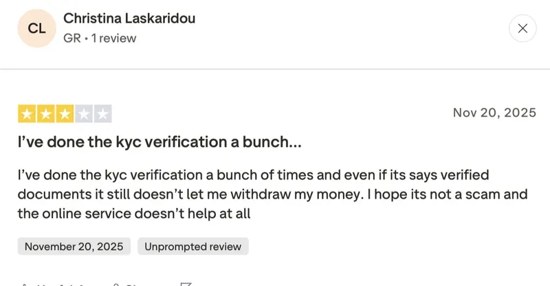 Trustpilot-Bewertung von Christina Laskaridou zu NV Casino: 3 von 5 Sternen, „KYC-Verifizierung mehrfach gemacht“, 20. November 2025