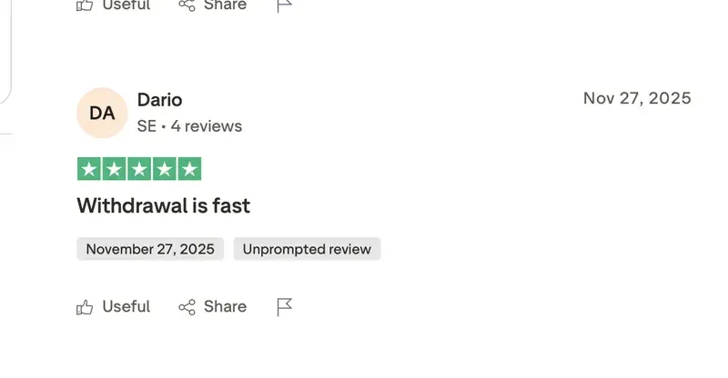 Trustpilot-Bewertung von Dario zu NV Casino: 5 von 5 Sternen, „Auszahlung ist schnell“, 27. November 2025