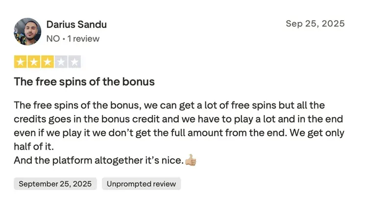 Trustpilot-Bewertung von Darius Sandu zu NV Casino: 3 von 5 Sternen, „Die Freispiele des Bonus“, 25. September 2025