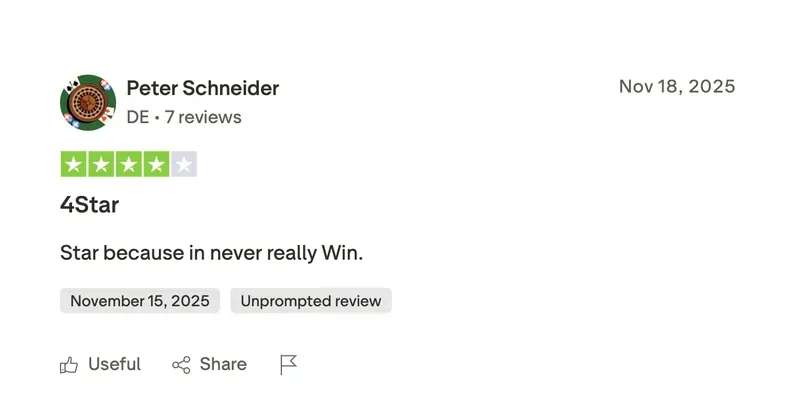 Trustpilot-Bewertung von Peter Schneider zu NV Casino: 4 von 5 Sternen, „Vier Sterne“, 15. November 2025