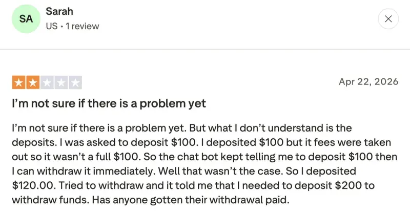 Trustpilot-Bewertung von Sarah zu NV Casino: 2 von 5 Sternen, „Ich weiß noch nicht, ob es ein Problem gibt“, 22. April 2026