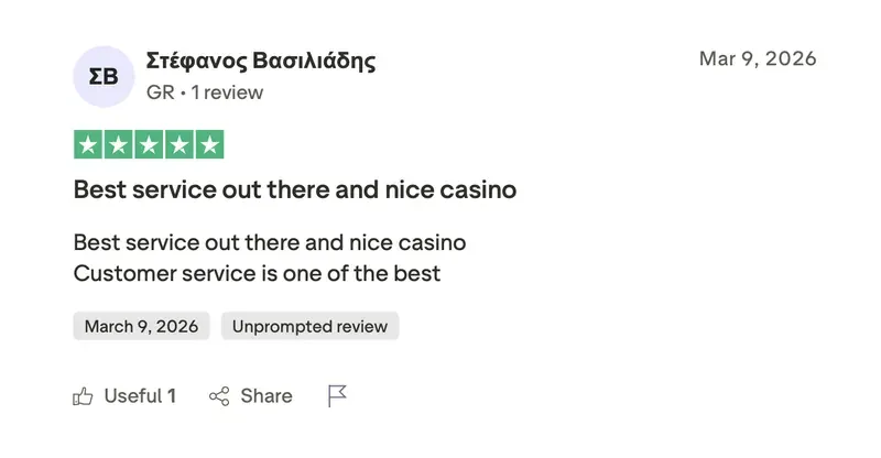 Trustpilot-Bewertung von Stefanos Vasiliadis zu NV Casino: 5 von 5 Sternen, „Bester Service und schönes Casino“, 9. März 2026